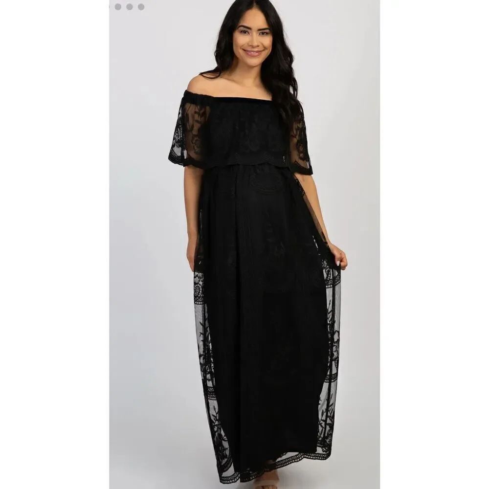 Pinkblush Black Lace Mesh Overlay Off Shoulder Maternity Maxi Dress Size Small